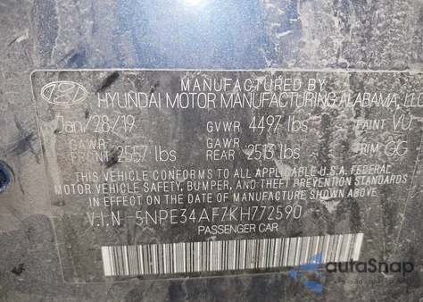 2019 Hyundai Sonata Sel из США, поврежденный, VIN 5NPE34AF7KH772590